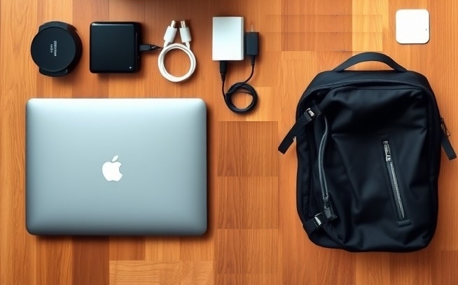 Neatly arranged travel gear and tech essentials like backpack, laptop, and adapters on floor