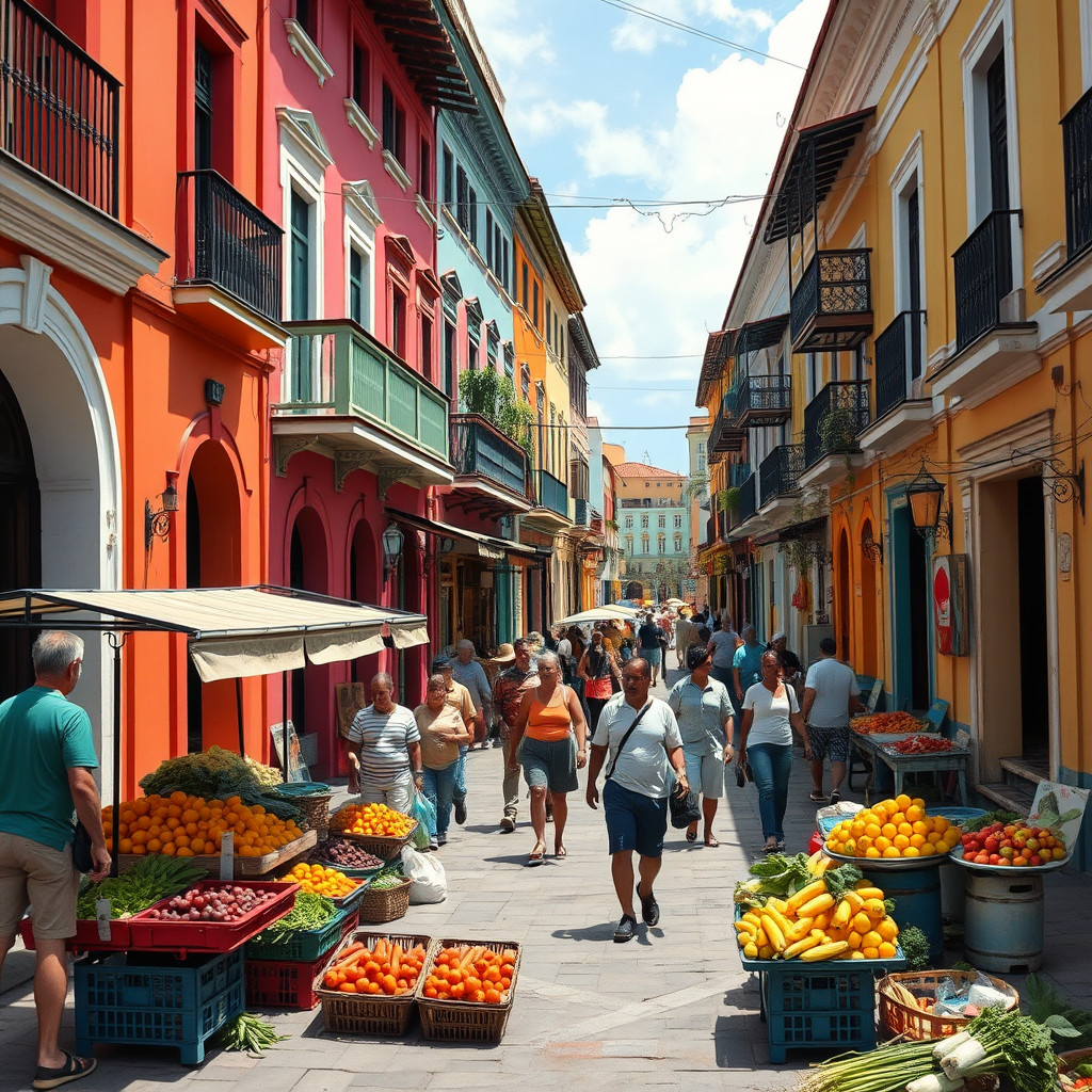 Colorful street in Santo Domingo with locals and vendors beneath colonial buildings