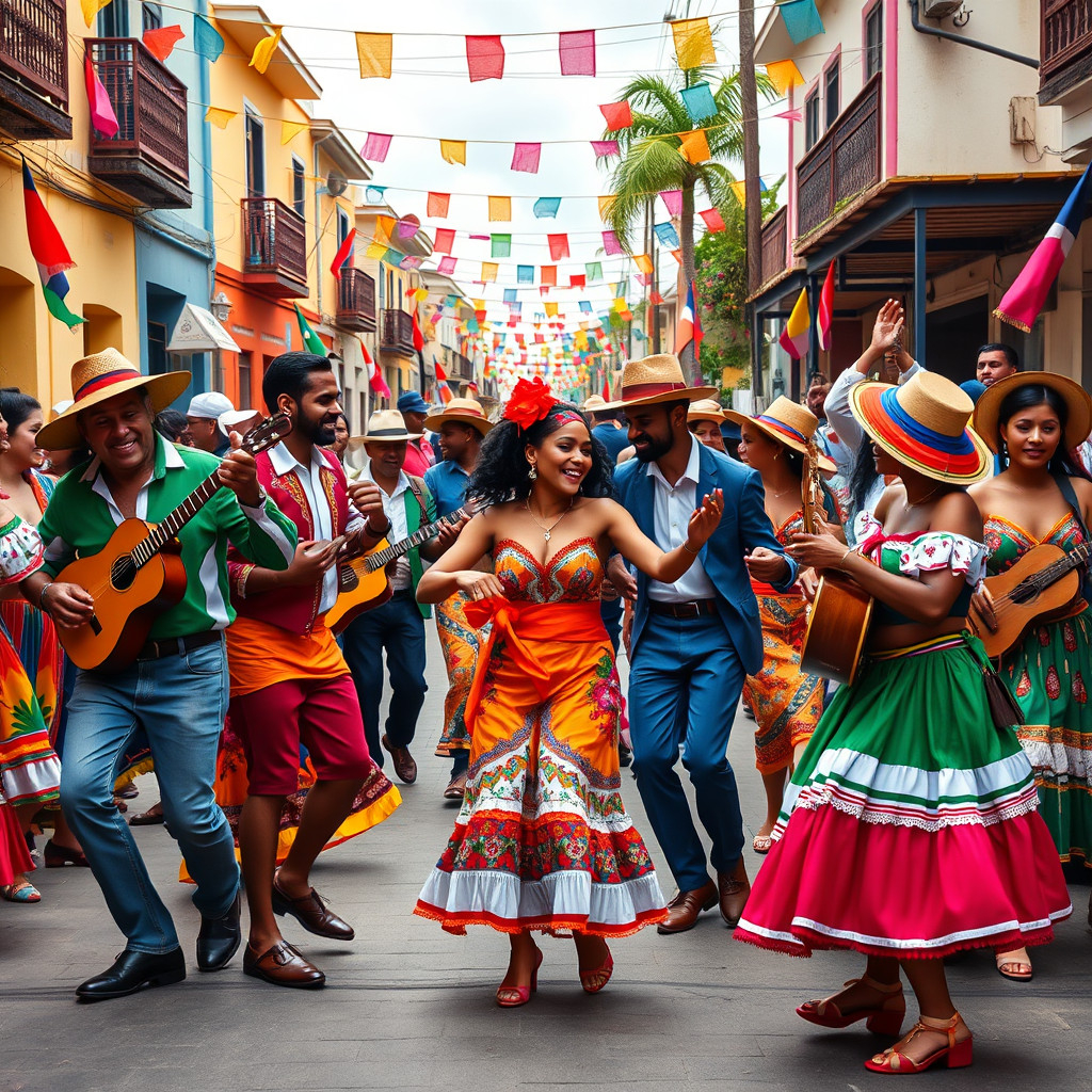 Group of locals dancing merengue in vibrant festival with traditional costumes