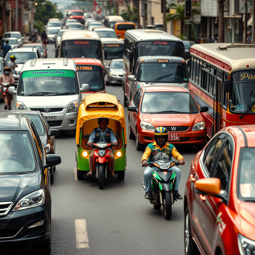 Busy Dominican street with cars, buses, and motorcycle taxis in chaotic traffic