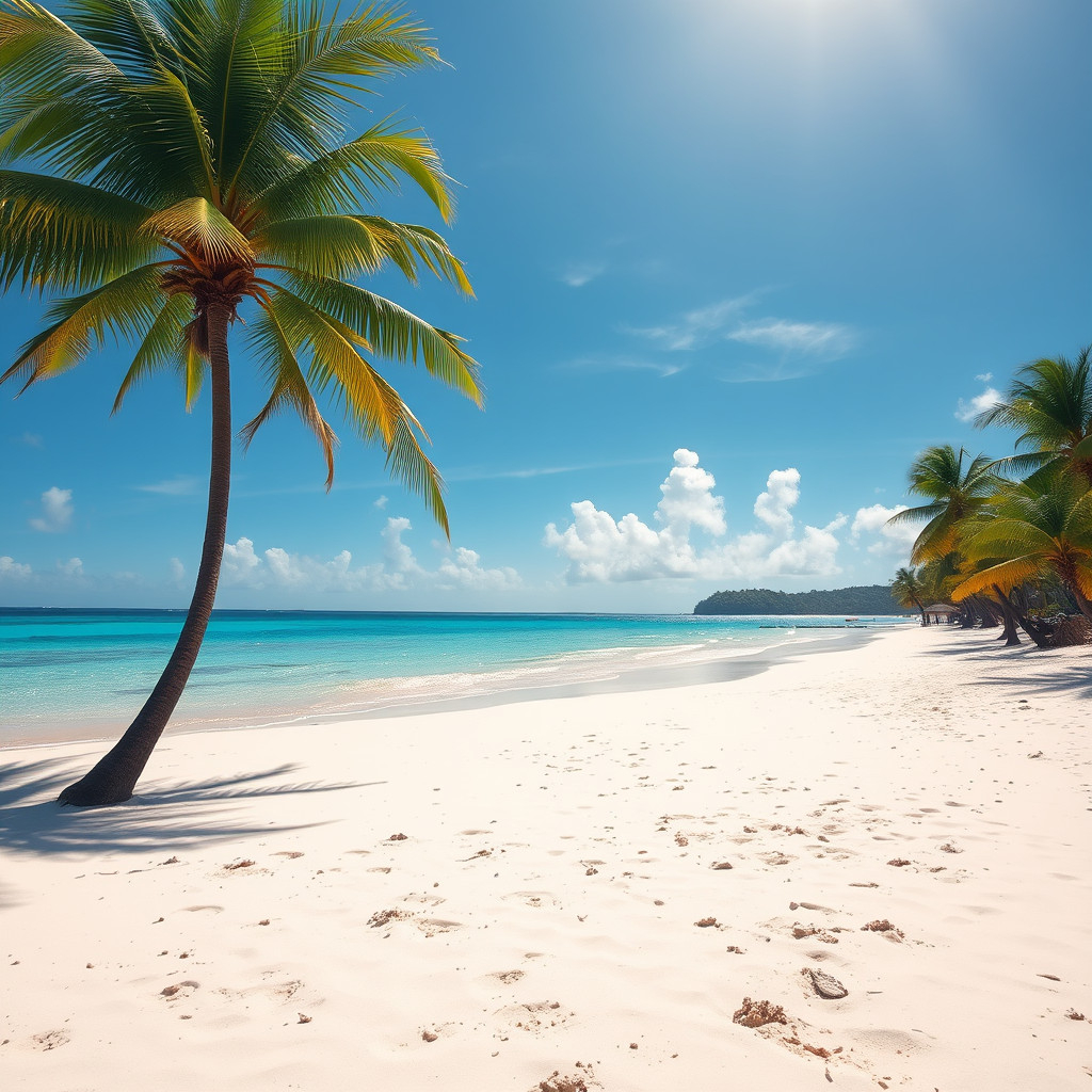 Tropical beach in the Dominican Republic with palm trees and clear blue water