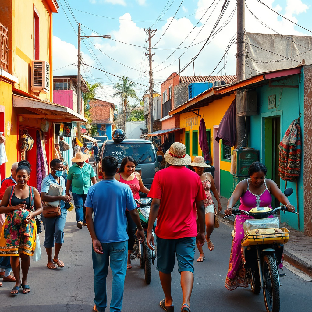 Locals engaging on a lively Dominican Republic street showcasing daily life and culture