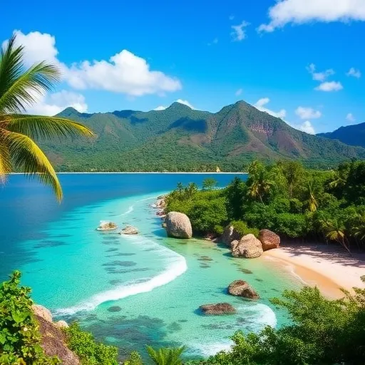 A scene of a great nature in Dominican Republic with mountains aside by a clear beach, coral reefs, palm trees.