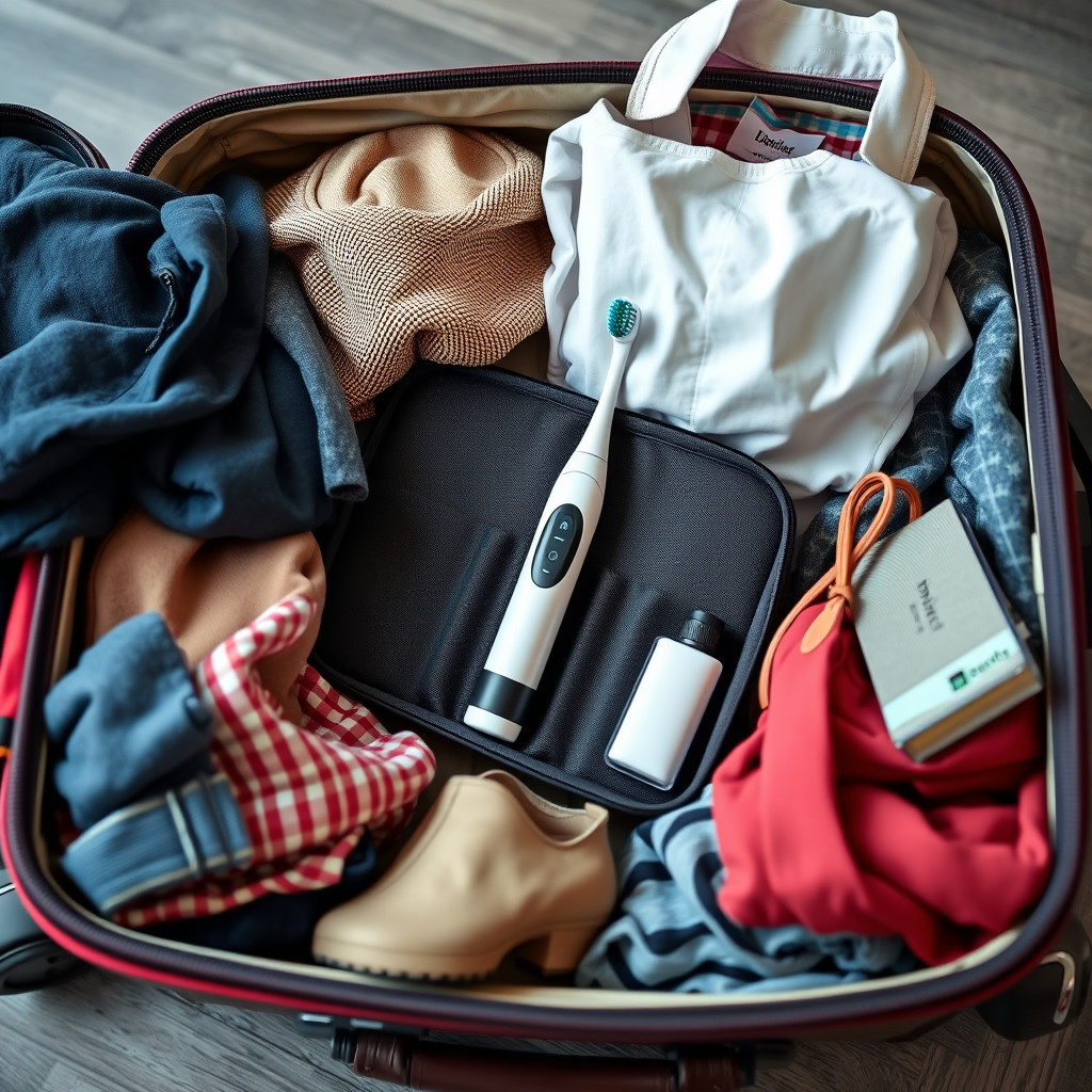 Open suitcase packed with electric toothbrush in protective case among travel essentials, showcasing efficient packing