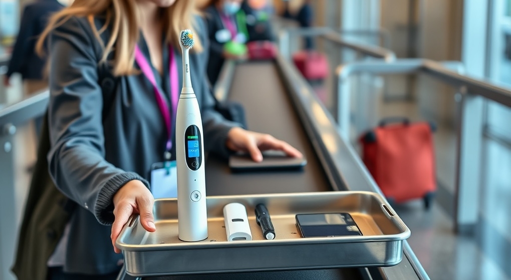 Traveler placing electric toothbrush on airport security conveyor belt, highlighting TSA procedures for electronics