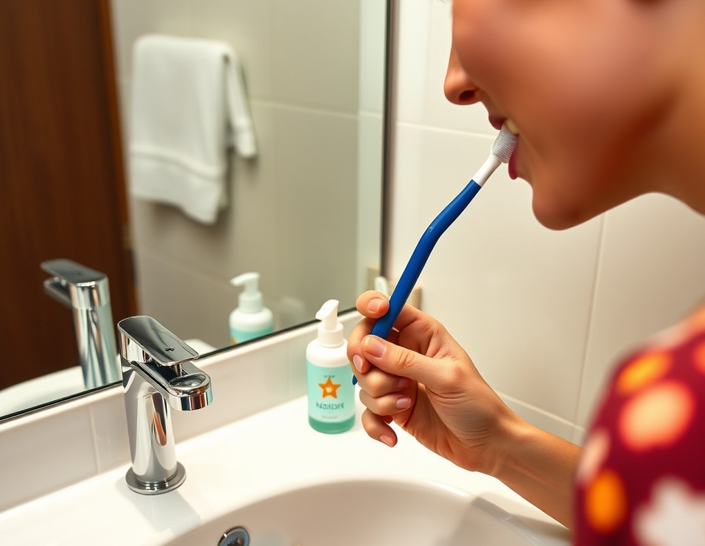 Traveler brushing teeth on a plane bathroom with travel-sized dental essentials, maintaining oral hygiene on the go