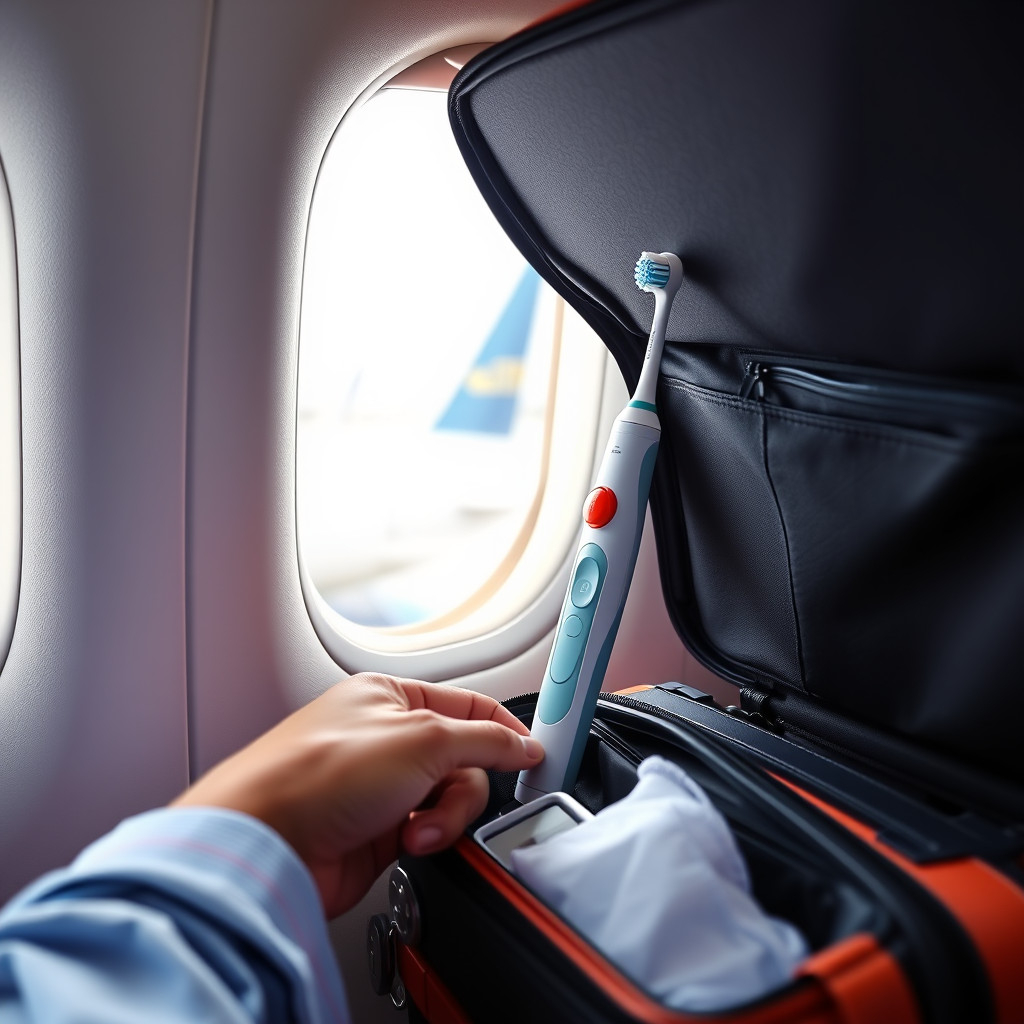 Traveler packing an electric toothbrush into carry-on luggage with airplane in background before flight