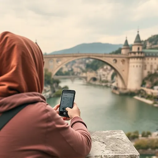 A digital nomad walking around the Mostar Bridge in Bosnia, checking out the best places to see using her phone's internet 