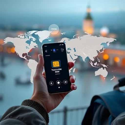 Traveler using smartphone with eSIM showing global network connections