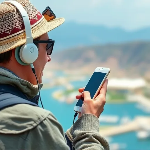 A traveler using his smartphone, surfing on the internet and listening to music via his headphone