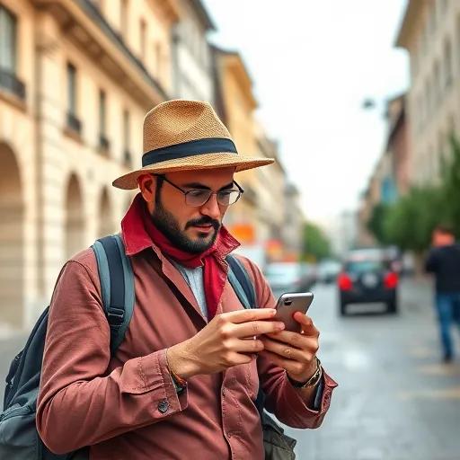 A backpacker using his smartphone, searching for a free WiFi zone in a popular street in the city