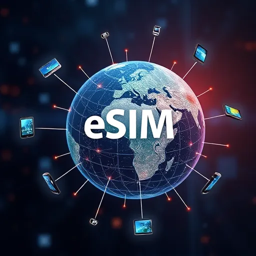 Global network of devices using eSIM technology symbolizing future communication