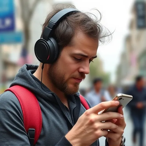 A digital nomad looking at on his phone screen to decide where to go next in the middle of a street.