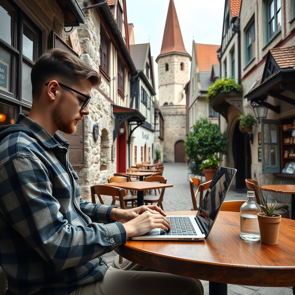 Digital nomad working on laptop in Tallinn's historic old town, Estonia