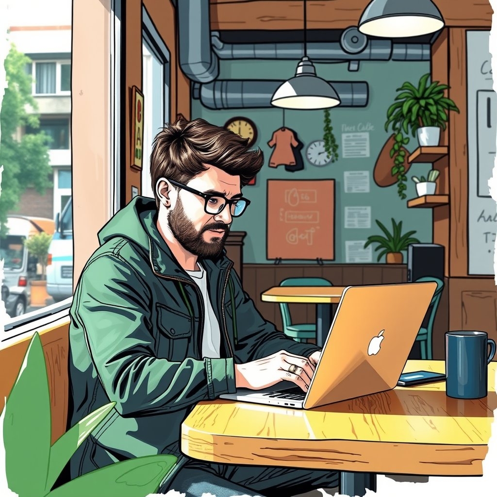 A digital nomad in a work cafe in Estonia, working on his laptop