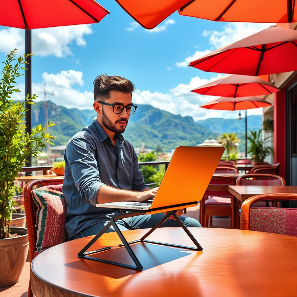 Digital nomad using a foldable laptop stand while working remotely in an outdoor café