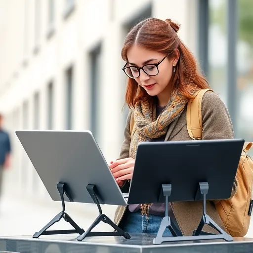 A digital nomad examining different types of foldable laptop stands to choose the right one, comparing features.