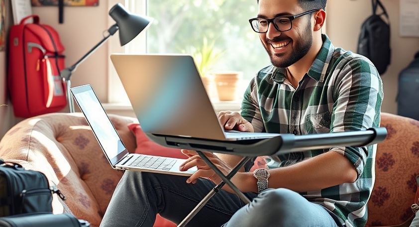 Happy digital nomad using foldable laptop stand in comfortable workspace, enjoying efficient remote work