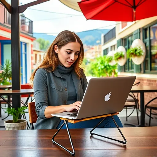 A digital nomad working on a laptop placed on a sleek foldable laptop stand in a vibrant outdoor café.