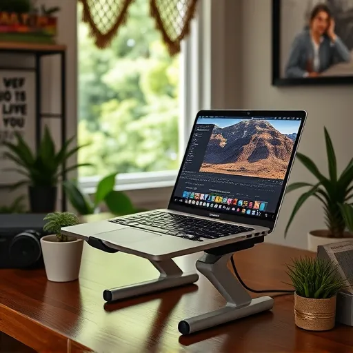 A setup of a foldable laptop stand demonstrates the efficient workspace to overcome overheating while video editing