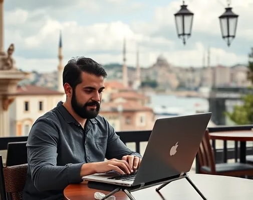 A digital nomad working on a laptop placed on a sleek foldable laptop stand in a café in Istanbul