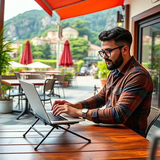 A digital nomad working on a laptop placed on a foldable laptop stand that embodies comfort and productivity while on the go.