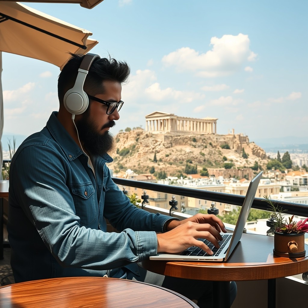 A digital nomad using a laptop at a cafe with a view of the Acropolis in Athens, Greece