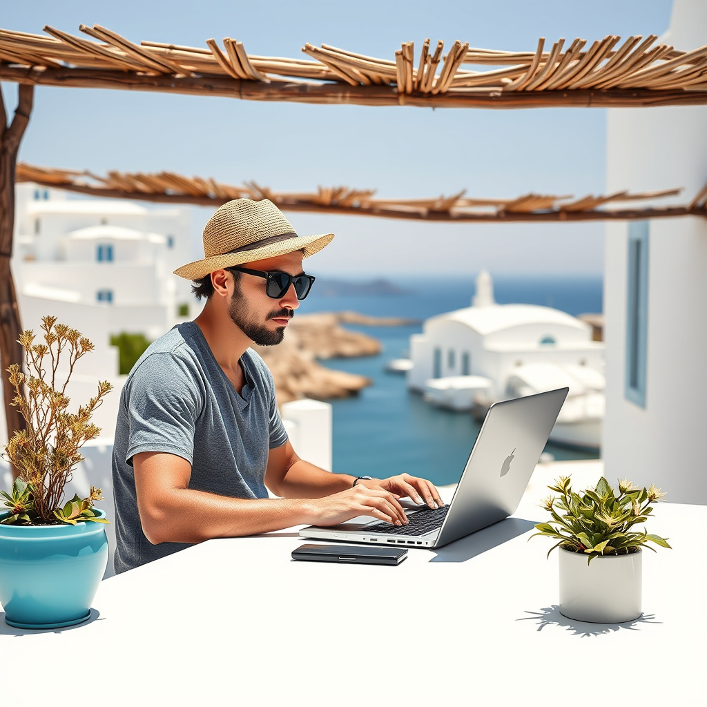 Remote worker using a laptop at a Greek seaside café, white buildings and clear blue sea in the background