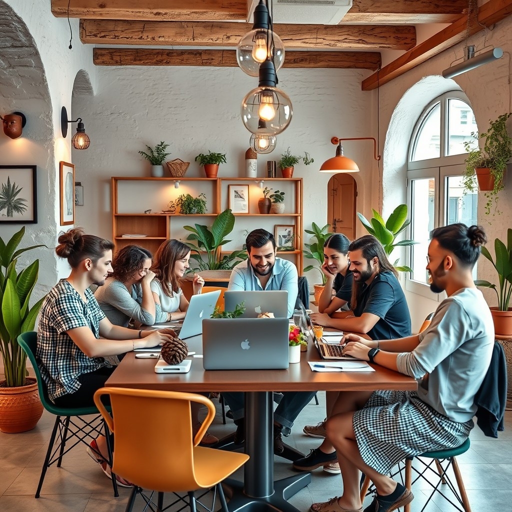 Digital nomads working together in a Greek co-working space, highlighting networking and community