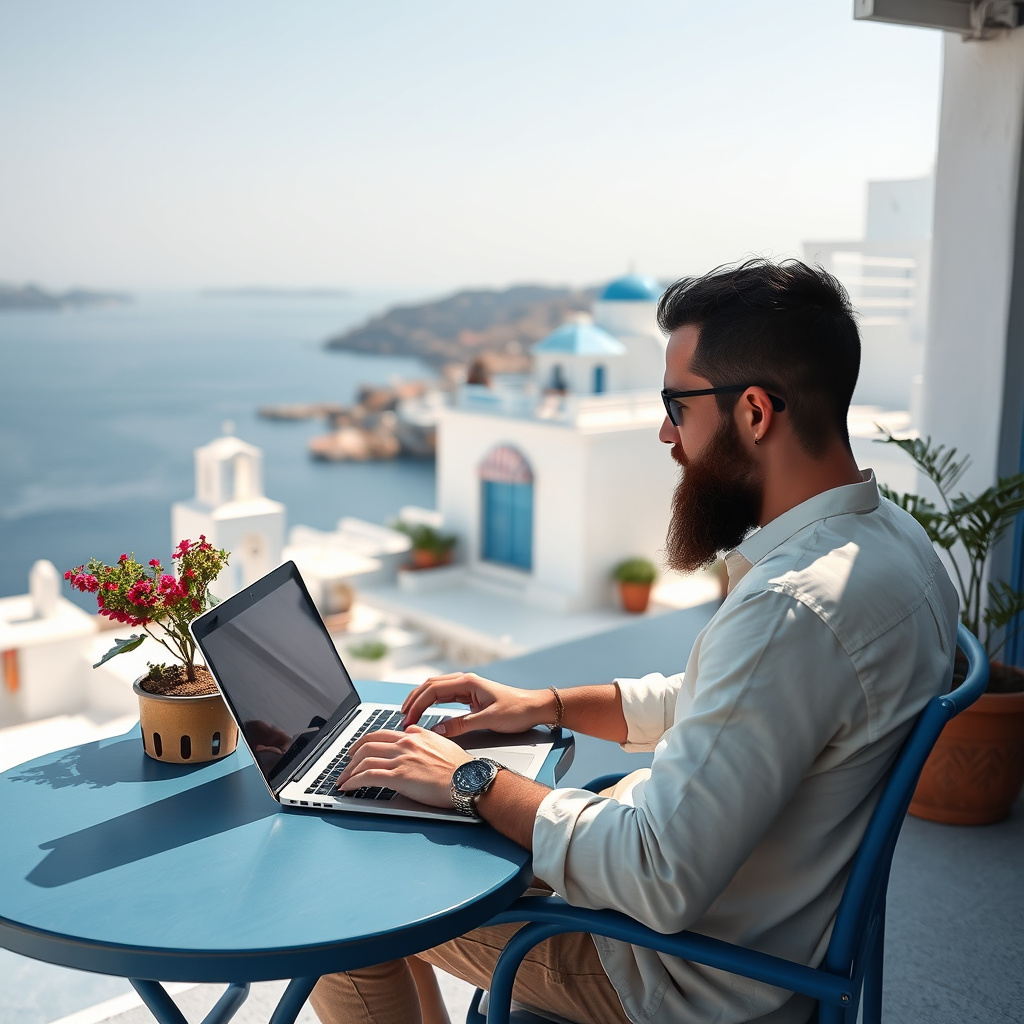 Digital nomad working from a laptop at a seaside terrace in Greece, overlooking the sea and iconic buildings