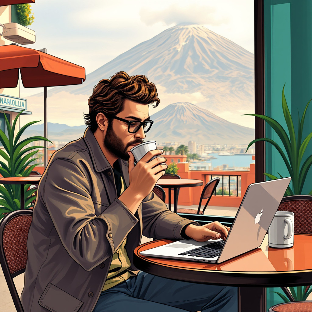 Digital nomad in Naples café with laptop and coffee, Mount Vesuvius in background