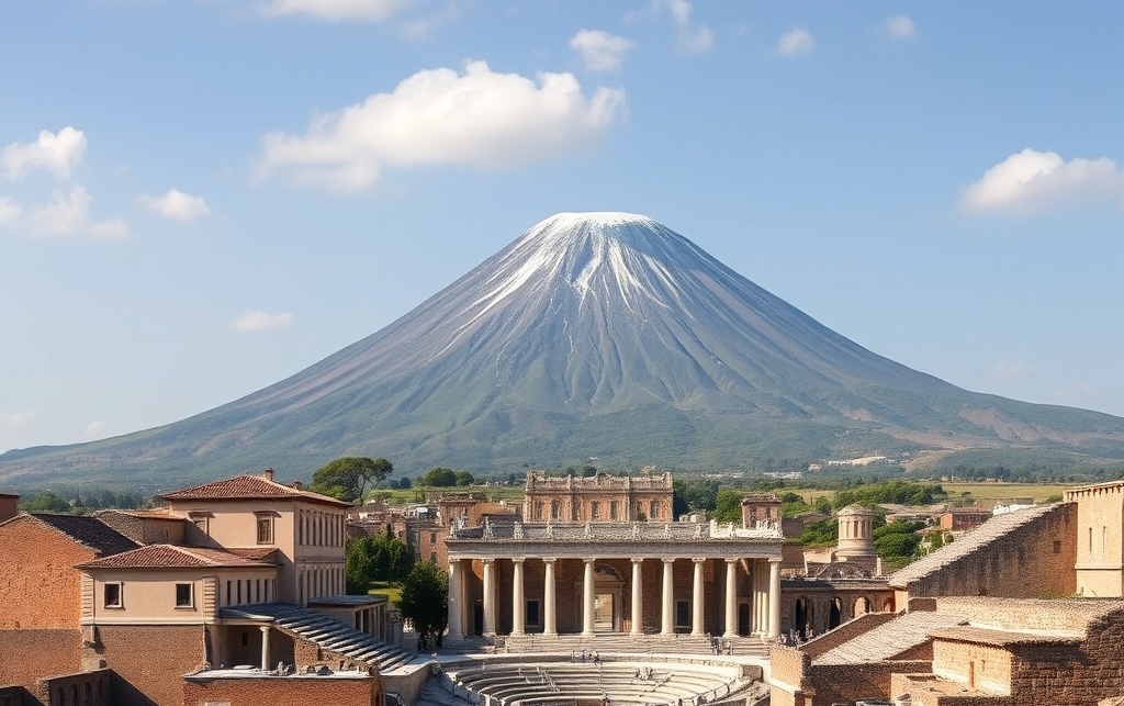 Vast ruins of Pompeii with villas and amphitheater, Mount Vesuvius in background