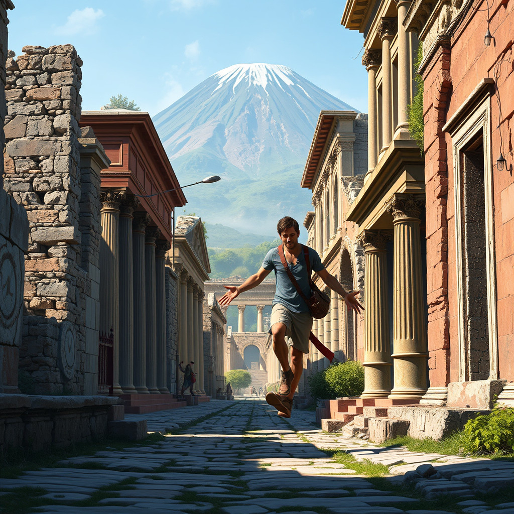 Digital nomad exploring ruins of Pompeii and Herculaneum with Mount Vesuvius in background