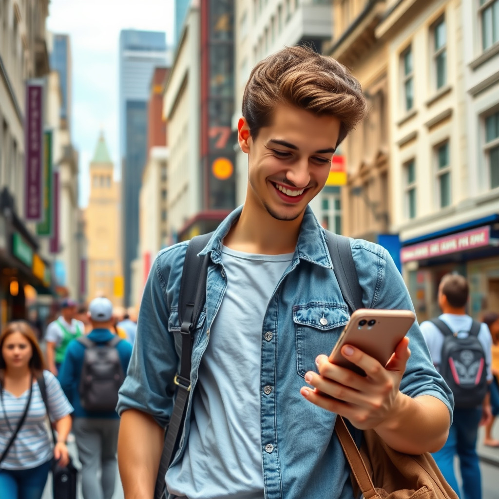 Traveler joyfully using smartphone in lively foreign city to stay connected during trip