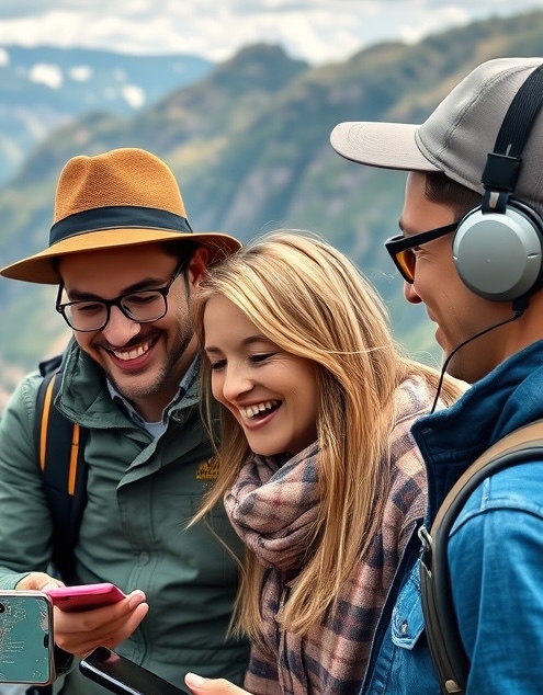 Travelers sharing a pocket WiFi device to connect multiple phones and laptops while traveling