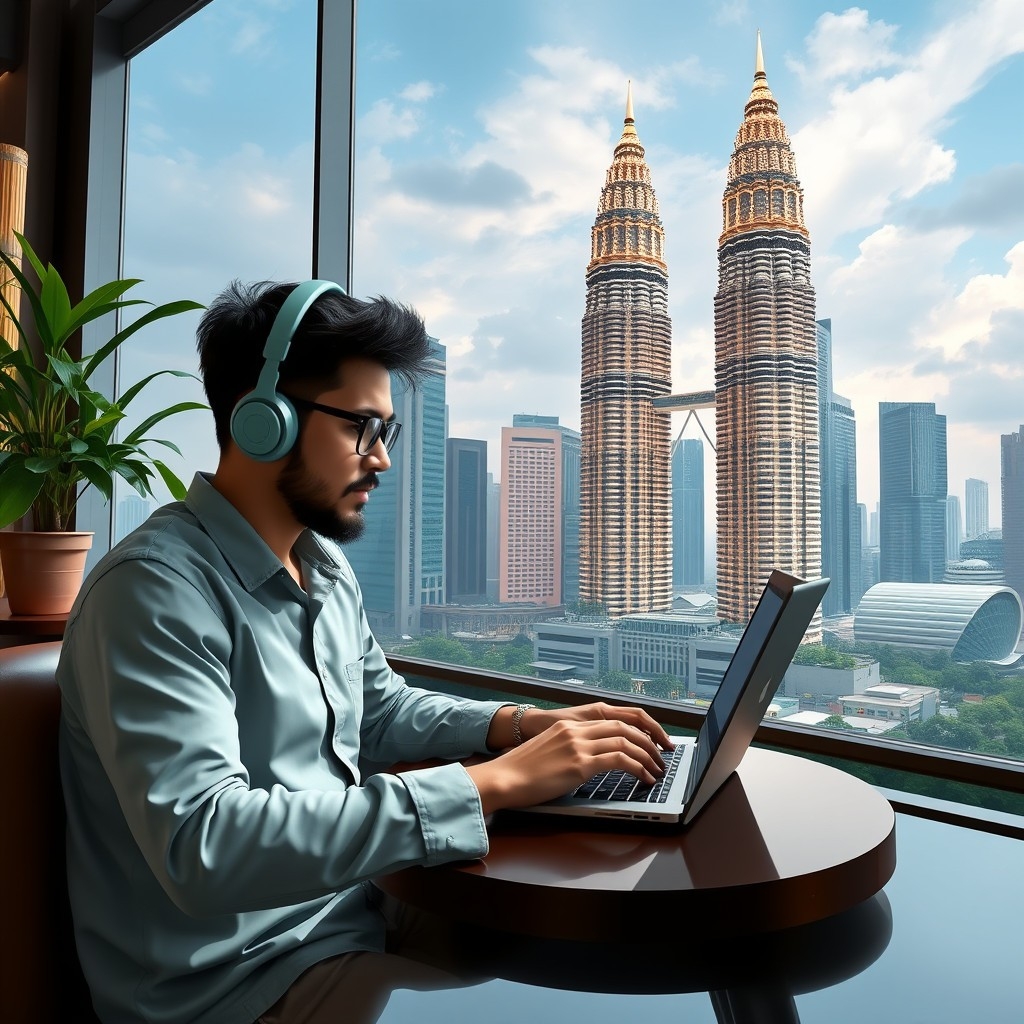 Digital nomad working on a laptop overlooking Kuala Lumpur's Petronas Twin Towers