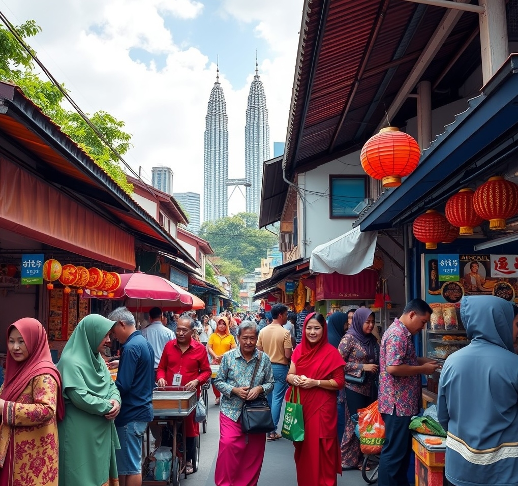 A bustling Malaysian street showcasing multicultural life with people, markets, and the city skyline.