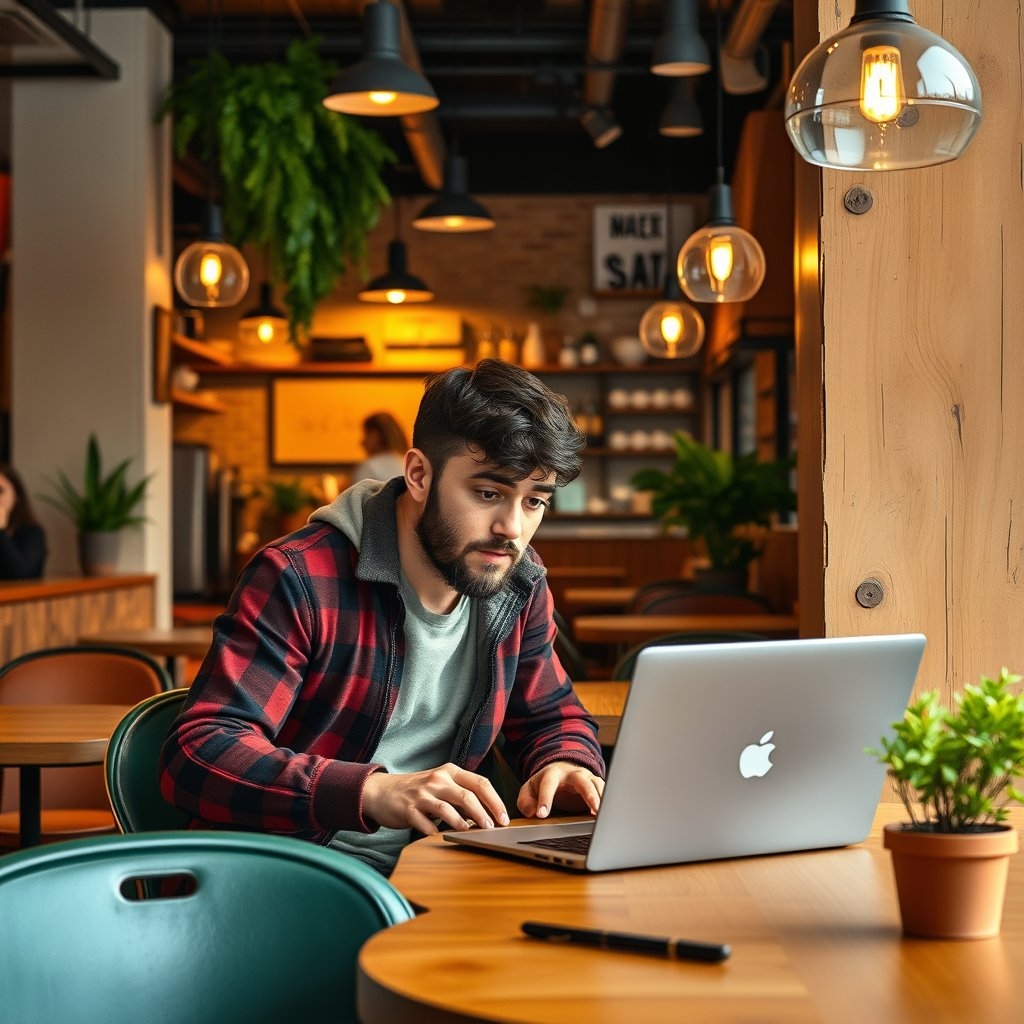 A digital nomad looking at on his laptop screen, working in a Malaysian cafe.