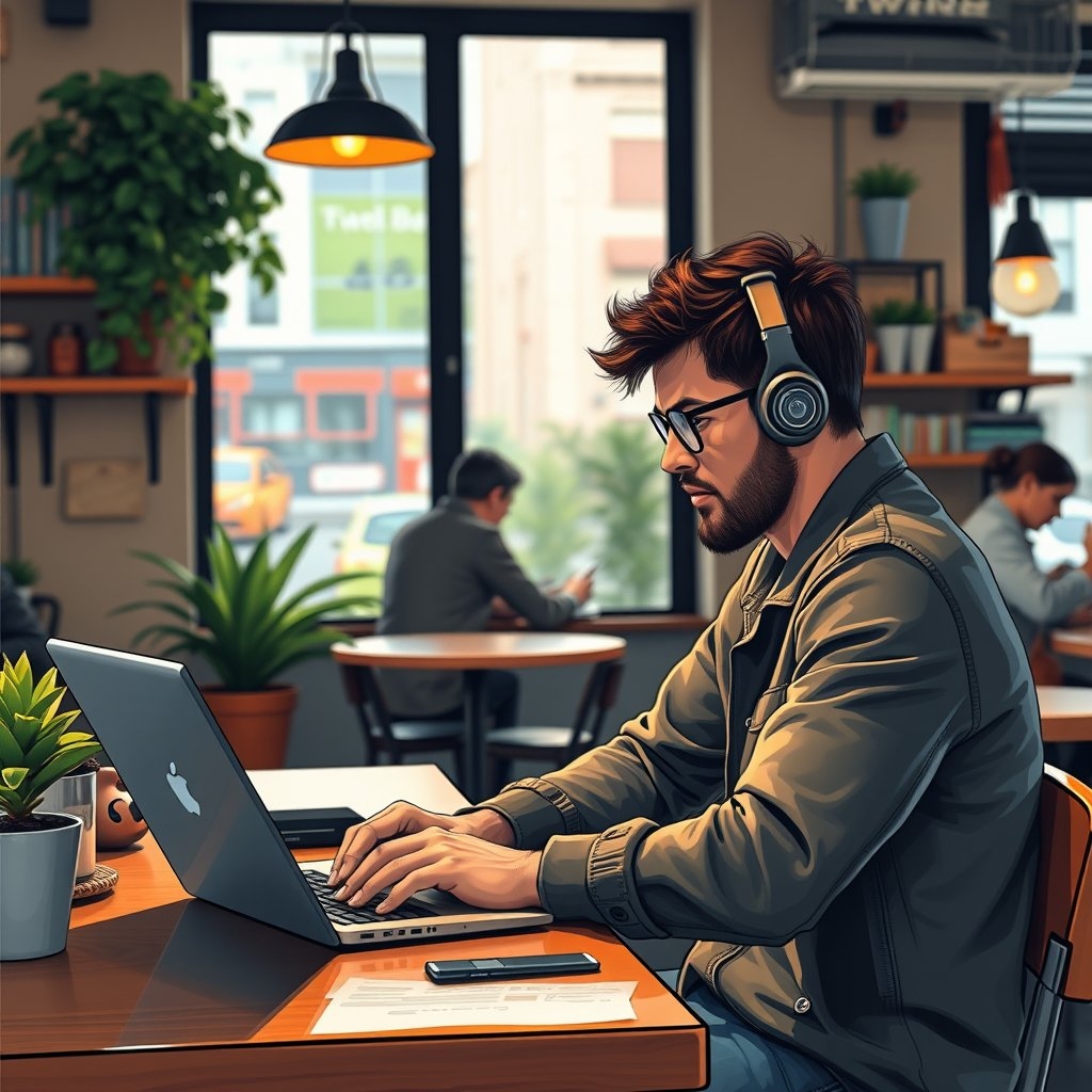 A digital nomad, listening to music from his headphones and working on his laptop