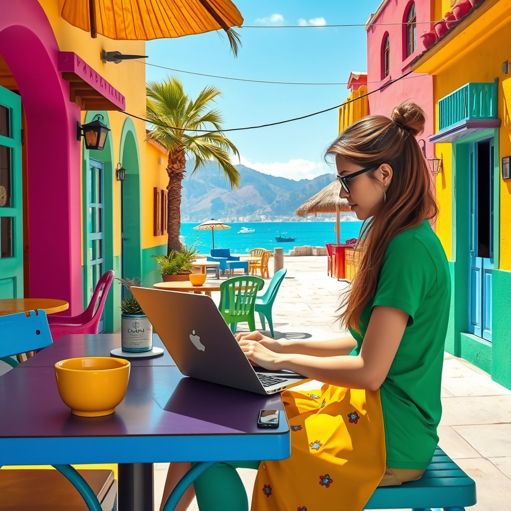 A digital nomad using a laptop on a colorful Malaysian cafe under palm trees ocean in the background