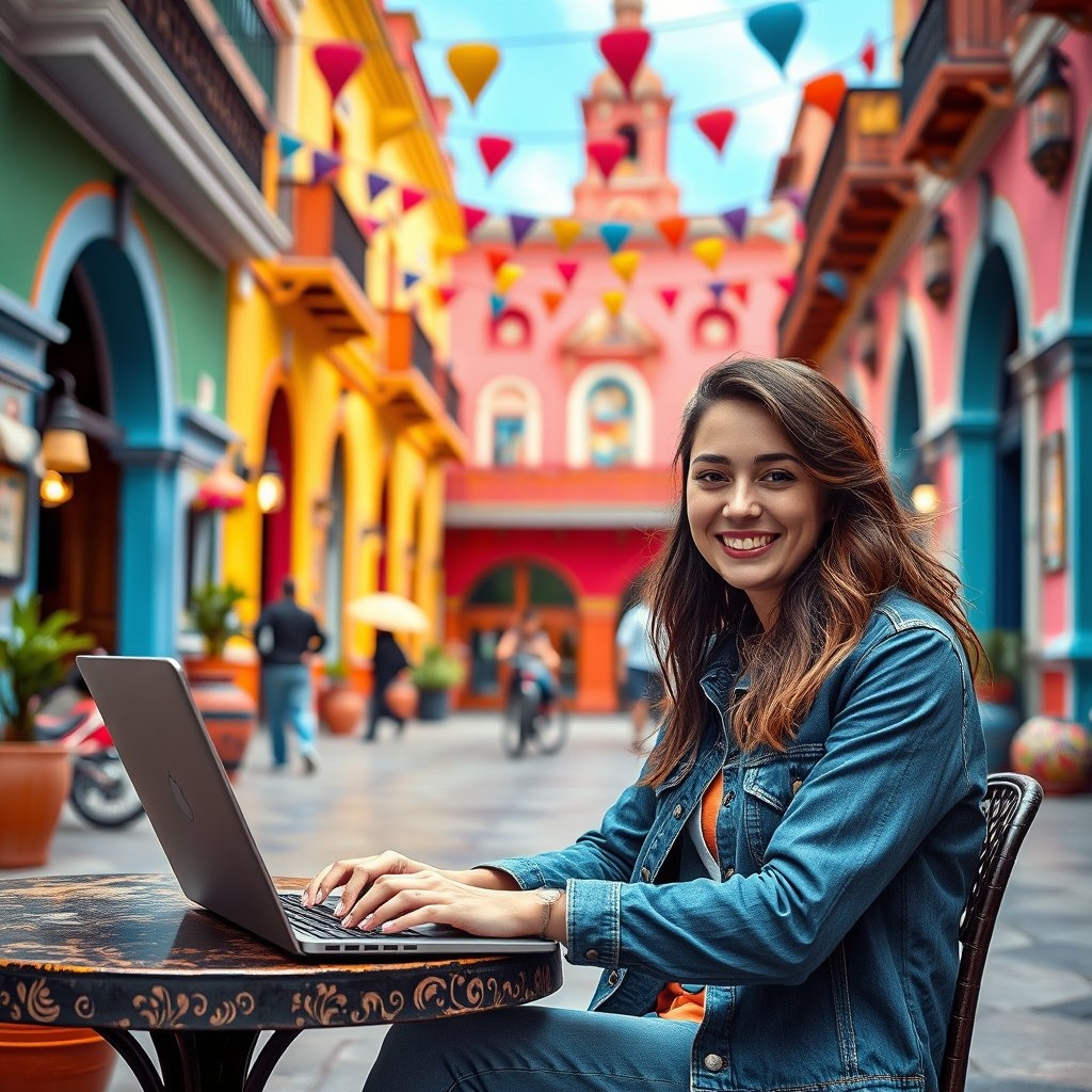 A happy digital nomad working on a laptop in a colorful Mexican street, surrounded by local architecture and culture