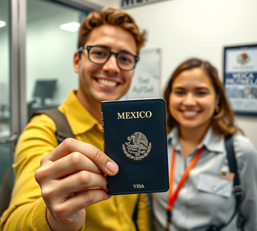 Person at Mexican consulate holding passport with visa stamp, completing application process