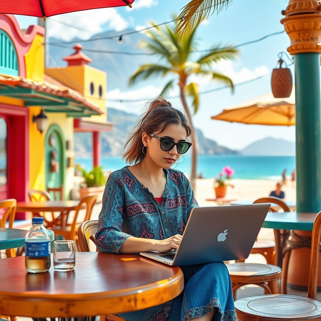 Digital nomad working on laptop at a sunny beachside café in Mexico with traditional architecture