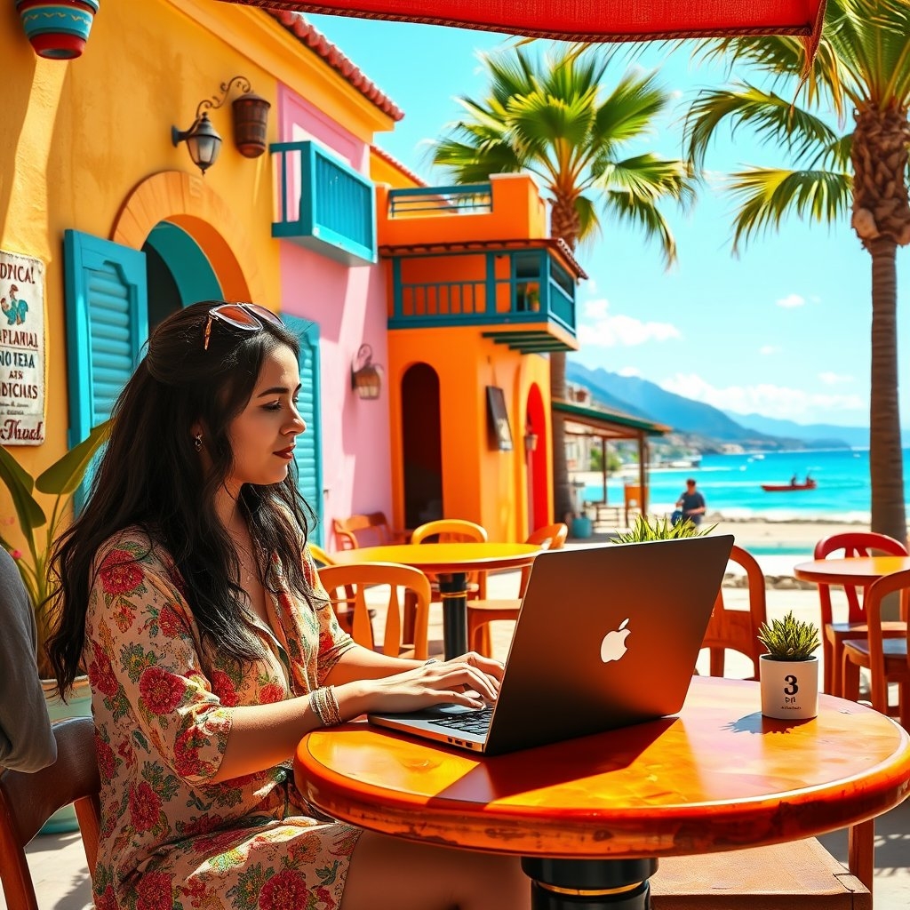 A vibrant scene of a digital nomad happily working on a laptop at a sunny Mexican beachside café, 