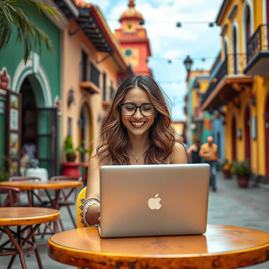 Digital nomad working on a laptop in a vibrant Mexican plaza after obtaining Mexico's digital nomad visa