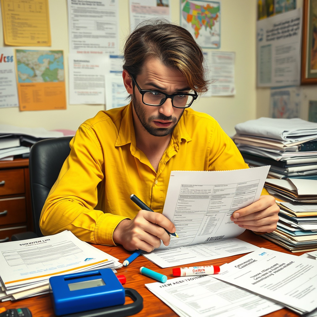 Anxious traveler correcting mistakes on Schengen visa application forms at a cluttered desk