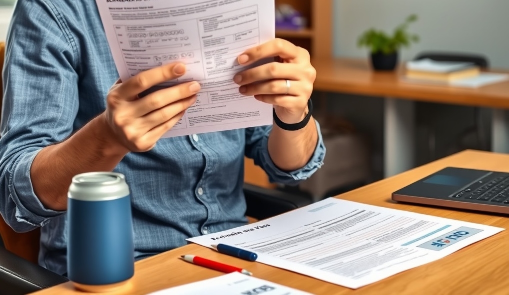 Traveler reviewing and correcting a Schengen visa application form at a desk 