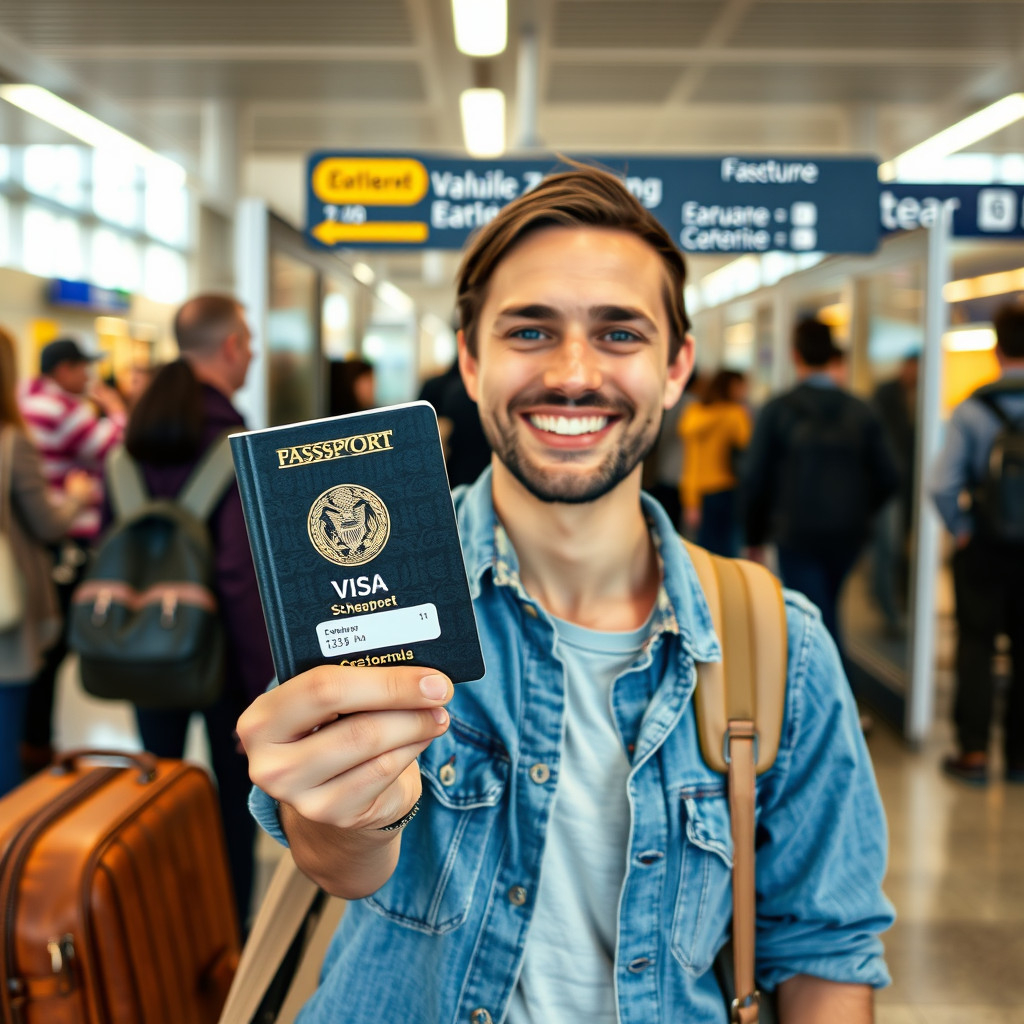 Happy traveler with Schengen visa in passport ready to board flight to Europe