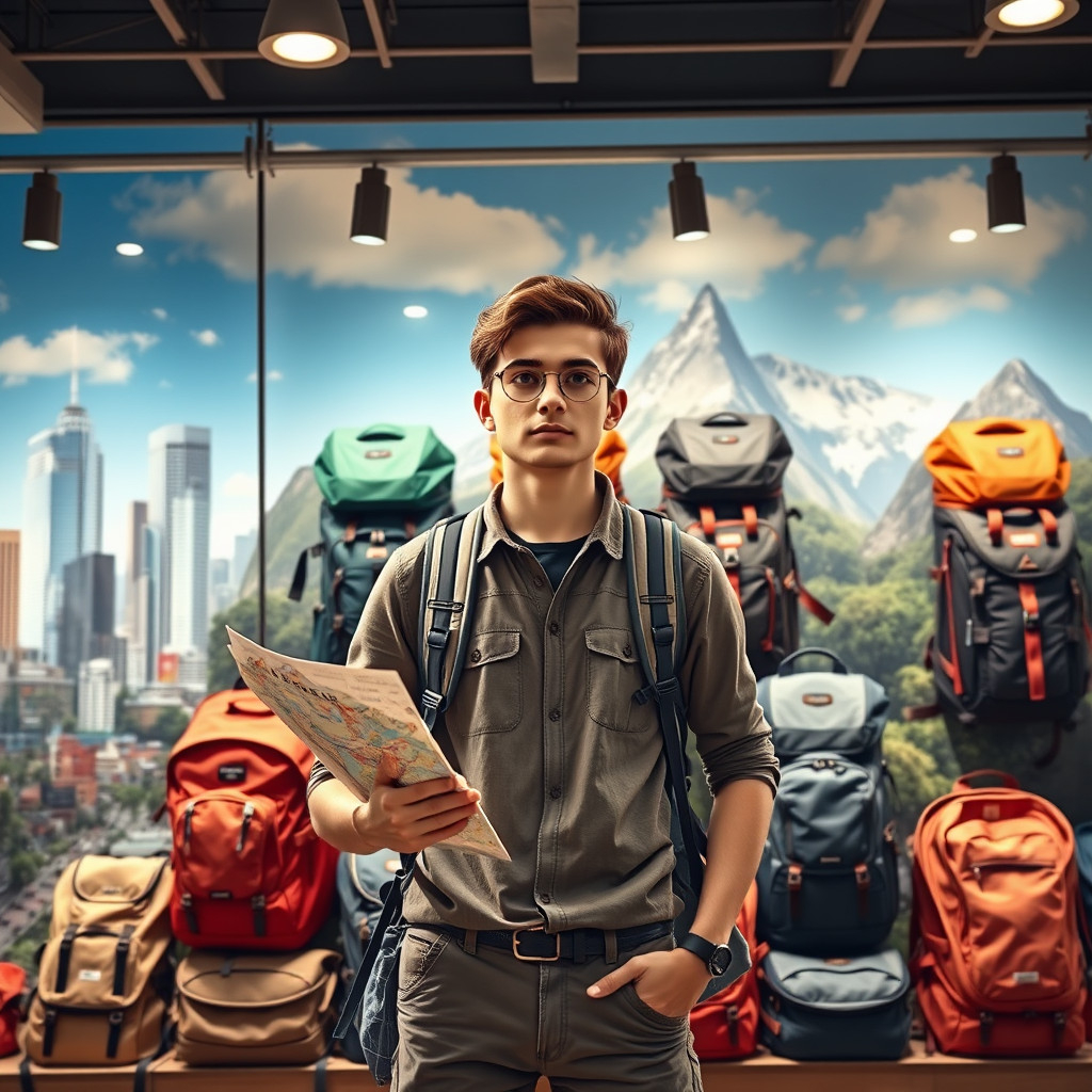 Traveler contemplating different backpacks in a store blending city and nature elements, holding a map