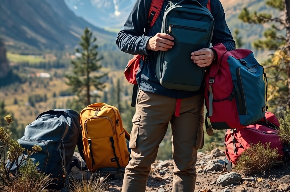 A digital nomad choosing the perfect backpack in a scenic outdoor location